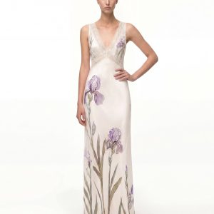 Lace-Detailed Floral Print Maxi Dress - Ivory Purple