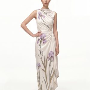 Asymmetric Floral Print Maxi Dress - Ivory Purple