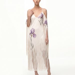Floral Fringe Midi Dress - Ivory Purple