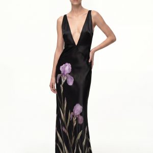 Floral Deep V Maxi Dress - Black