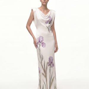 Floral Print Cowl Neck Dress - Ivory Purple