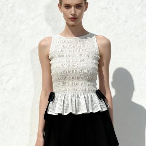 Smocked Peplum Sleeveless Top - White