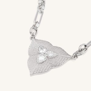 Leaf Pendant Necklace - 18ct White Gold Plated & White Zircon