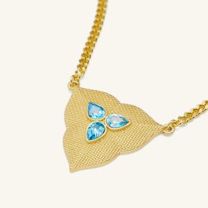 Leaf Pendant Necklace - 18ct Gold Plated & Aquamarine Zircon