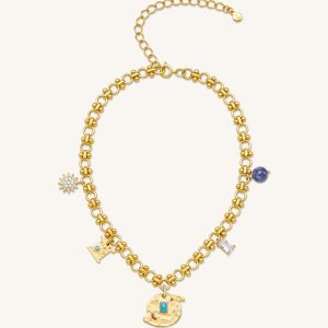 Cosmos Round Multi Charm Necklace - 18ct Gold Plated & Turquoise & Multicolor Zircon & Blue And White Porcelain Beads