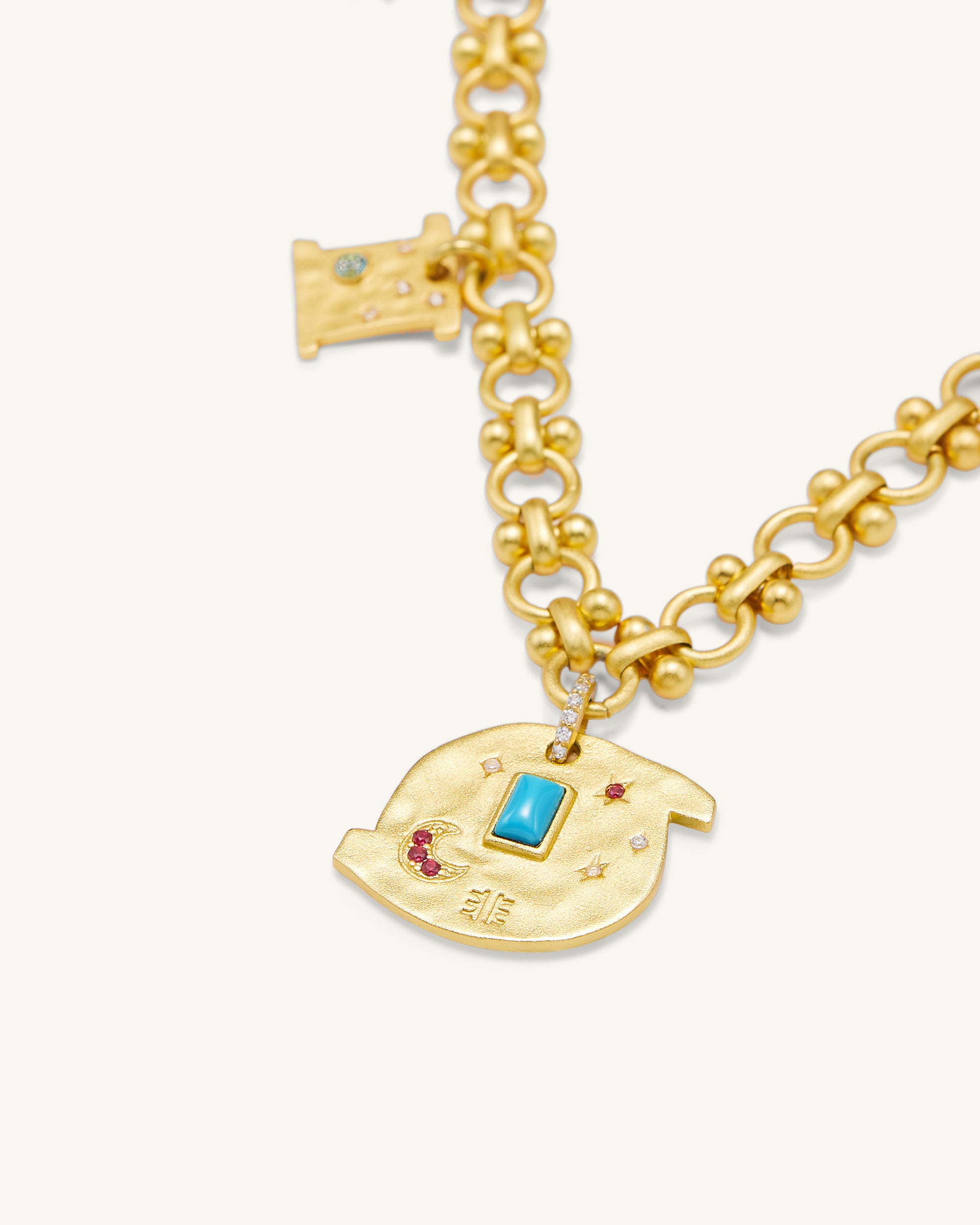 Cosmos Round Multi Charm Necklace - 18ct Gold Plated & Turquoise & Multicolor Zircon & Blue And White Porcelain Beads - Image 2