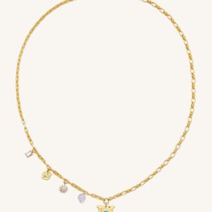 Cosmos Square Multi Charm Necklace - 18ct Gold Plated & Turquoise & Multicolor Zircon & Purple Beads