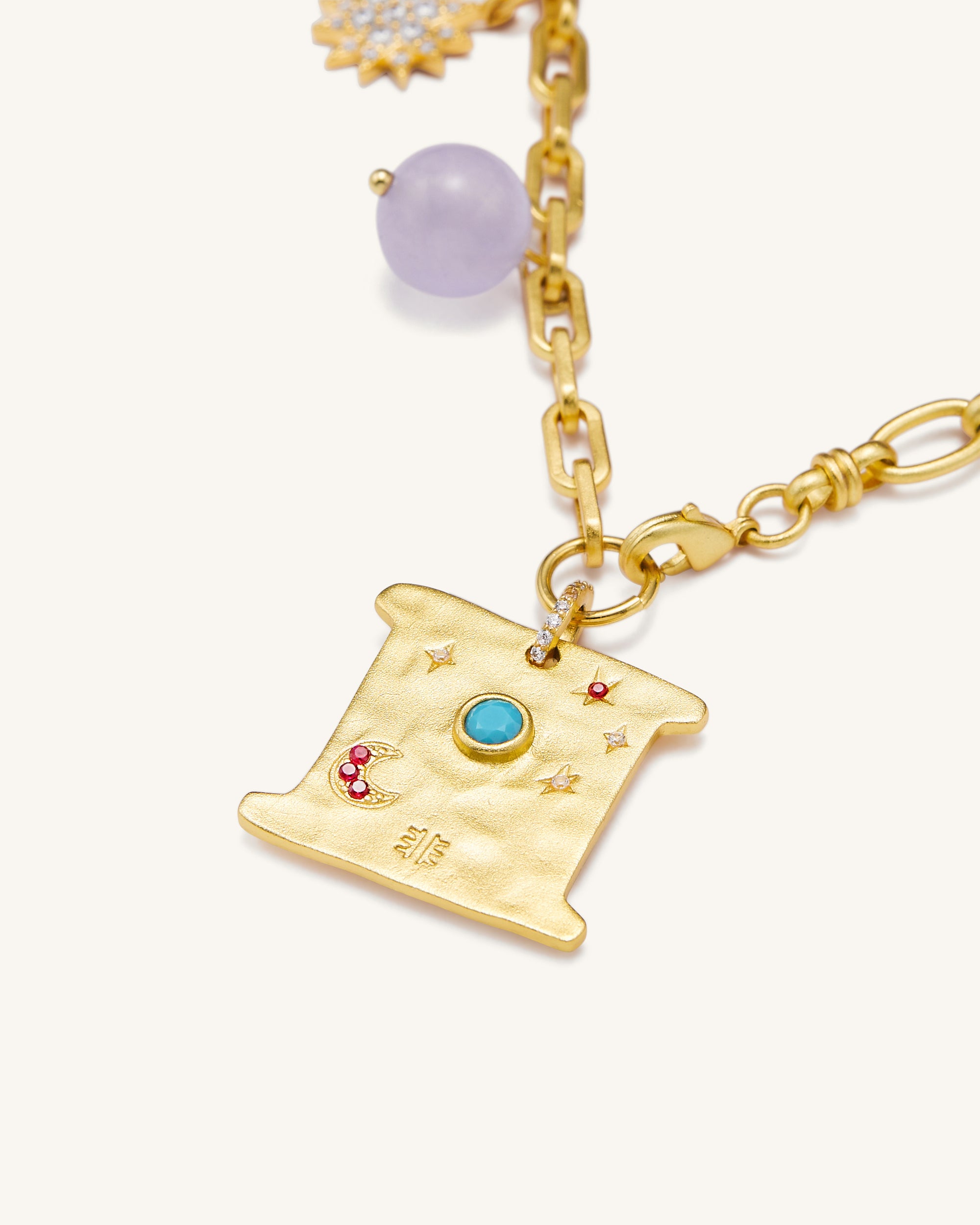 Cosmos Square Multi Charm Necklace - 18ct Gold Plated & Turquoise & Multicolor Zircon & Purple Beads - Image 2