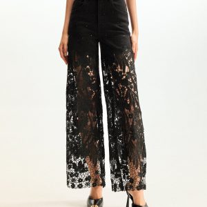 Embroidery High Rise Wide Leg Lace Denim Jeans With Rhinestone - Black