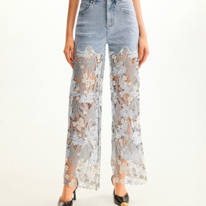 Embroidery High Rise Wide Leg Lace Denim Jeans With Rhinestone - Light Blue
