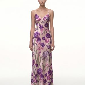 Iris Motif Satin Slip Gown- Purple Pink