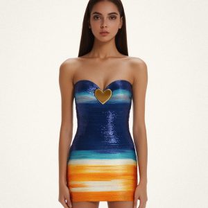 Olivia Metallic Heart Sequin Dress - Blue/Orange