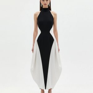 Monochrome Paneled Maxi Dress – Black
