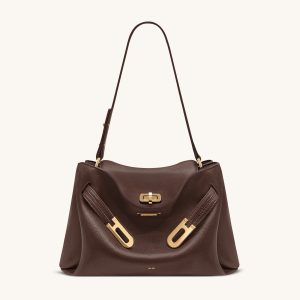 Rhea Pebbled Double Buckle Shoulder Bag - Dark Brown