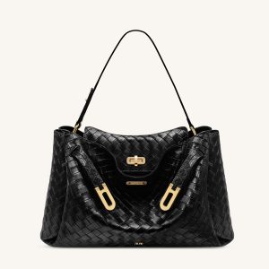 Rhea Large Woven Textured Shoulder Bag - Black