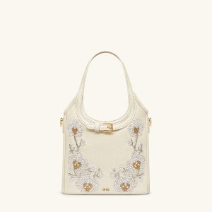 Brooke Mini Belted Embellished Orchid Beaded Top Handle Bag - Ivory
