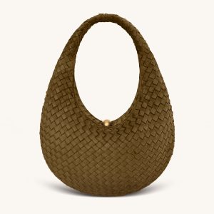 Nola Faux Suede Woven Hobo Shoulder Bag - Olive Green