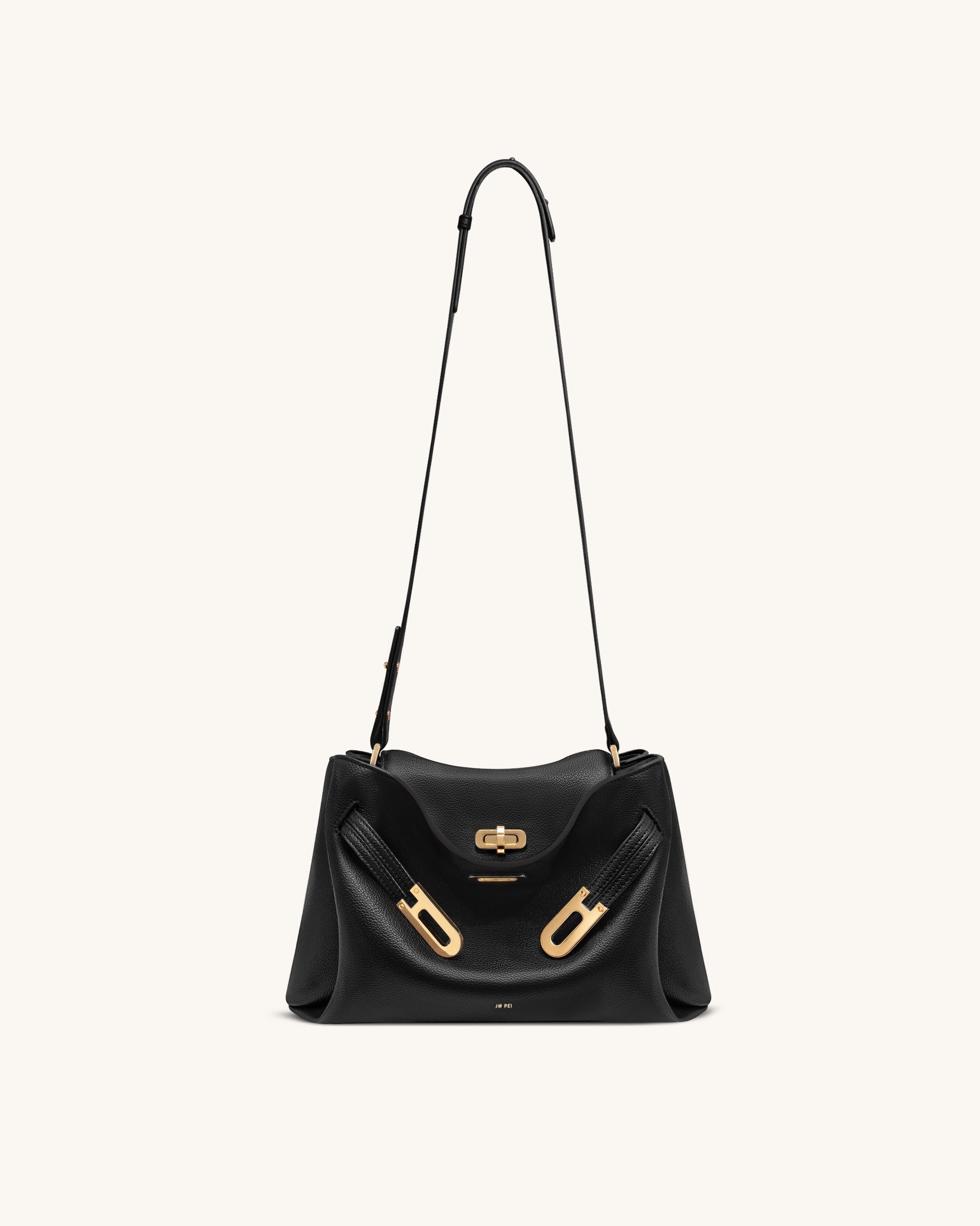 Rhea Pebbled Double Buckle Shoulder Bag - Black - Image 2