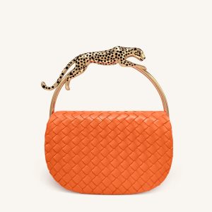 Ione Leopard Shaped Hardware Handle Woven Top Handle Bag - Orange