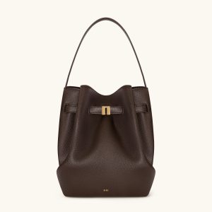 Clara Lock Accent Bucket Shoulder Bag - Mocha Brown