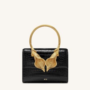 Astrid Calla Lily Metal Handle Top Handle Bag - Black Croc