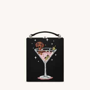Taya Wine Glass Puppy Pattern Book Shape Clutch Bag - Black