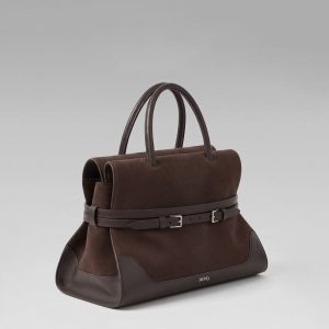 Faux Suede Belted Tote Bag - Brown