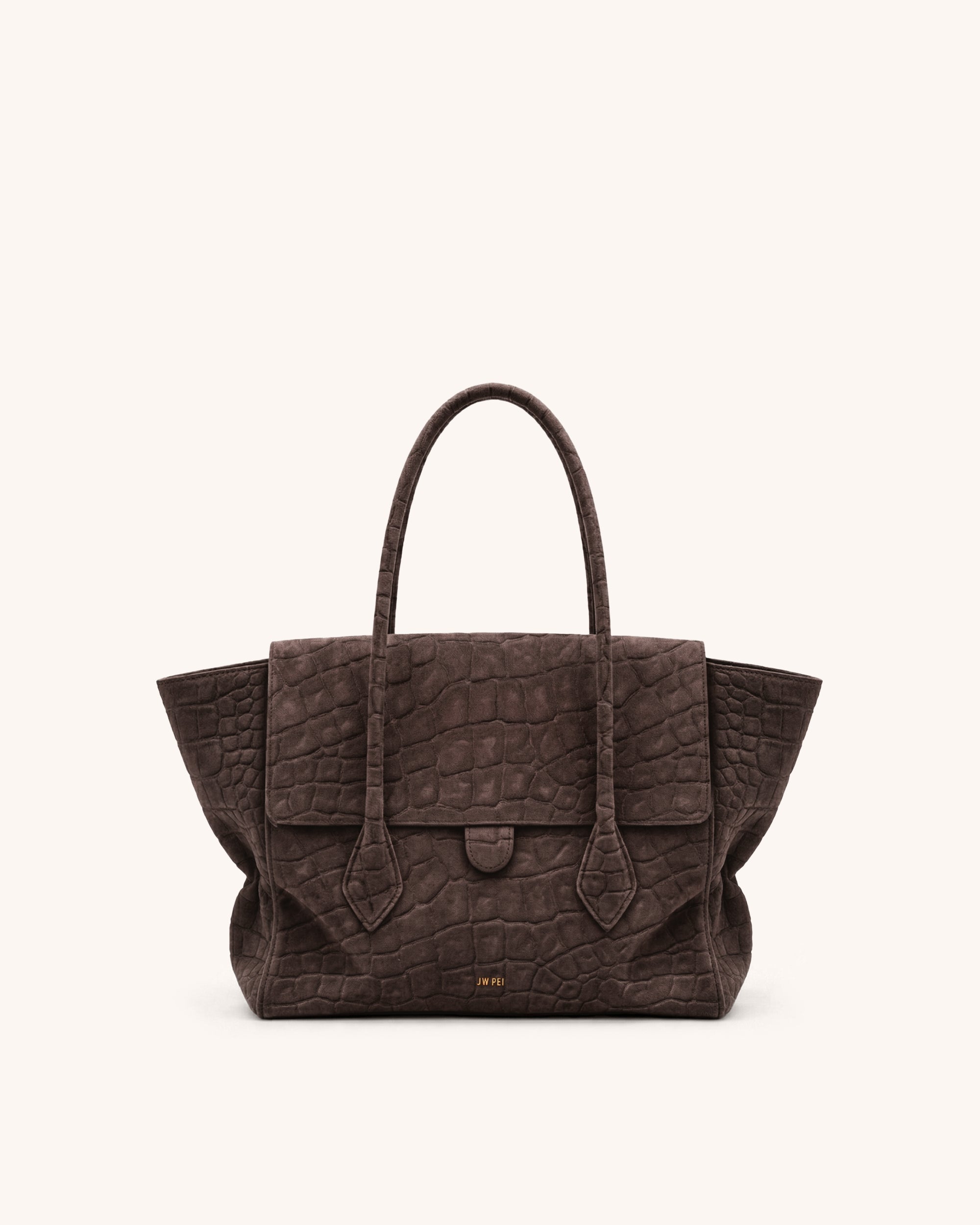 Mara Croc-Embossed Faux Suede Tote - Brown