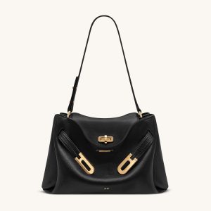 Rhea Pebbled Double Buckle Shoulder Bag - Black