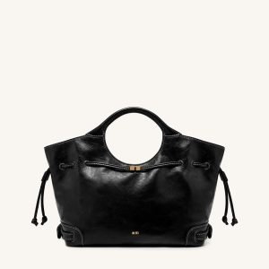 Elara Waxed Vegan Leather Drawstring Tote Bag - Black